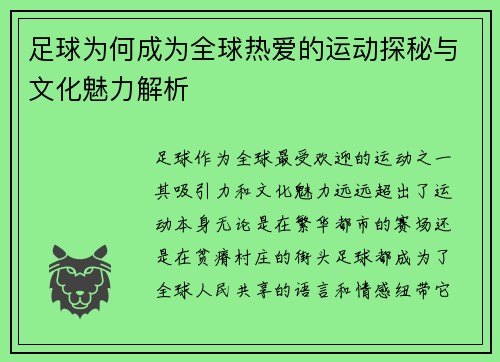 足球为何成为全球热爱的运动探秘与文化魅力解析