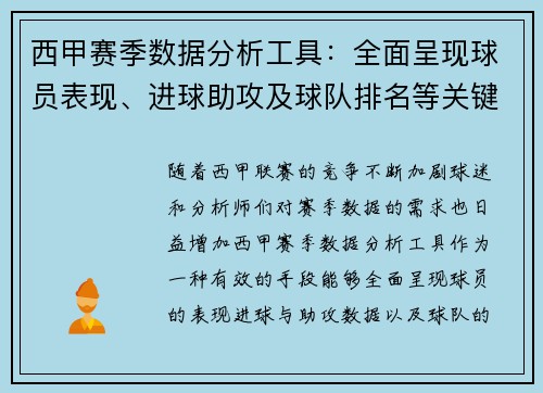 西甲赛季数据分析工具:全面呈现球员表现、进球助攻及球队排名等关键统计信息 西甲赛季数据分析工具:全面呈现球员表现、进球助攻及球队排名等关键统计信息