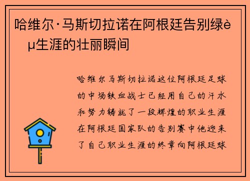 哈维尔·马斯切拉诺在阿根廷告别绿茵生涯的壮丽瞬间