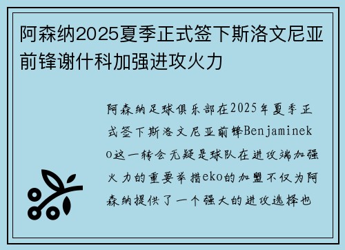 阿森纳2025夏季正式签下斯洛文尼亚前锋谢什科加强进攻火力